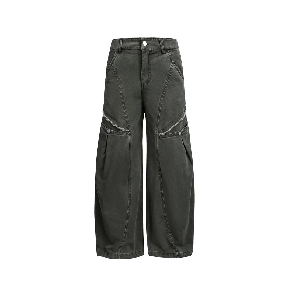 Damen Weite High‑Waist Cargo‑Hose im Vintage‑Workwear‑Look mit Aufgesetzten Taschen und Fransen-Details Drune