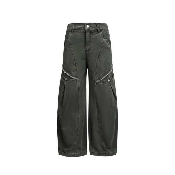 Damen Weite High‑Waist Cargo‑Hose im Vintage‑Workwear‑Look mit Aufgesetzten Taschen und Fransen-Details Drune