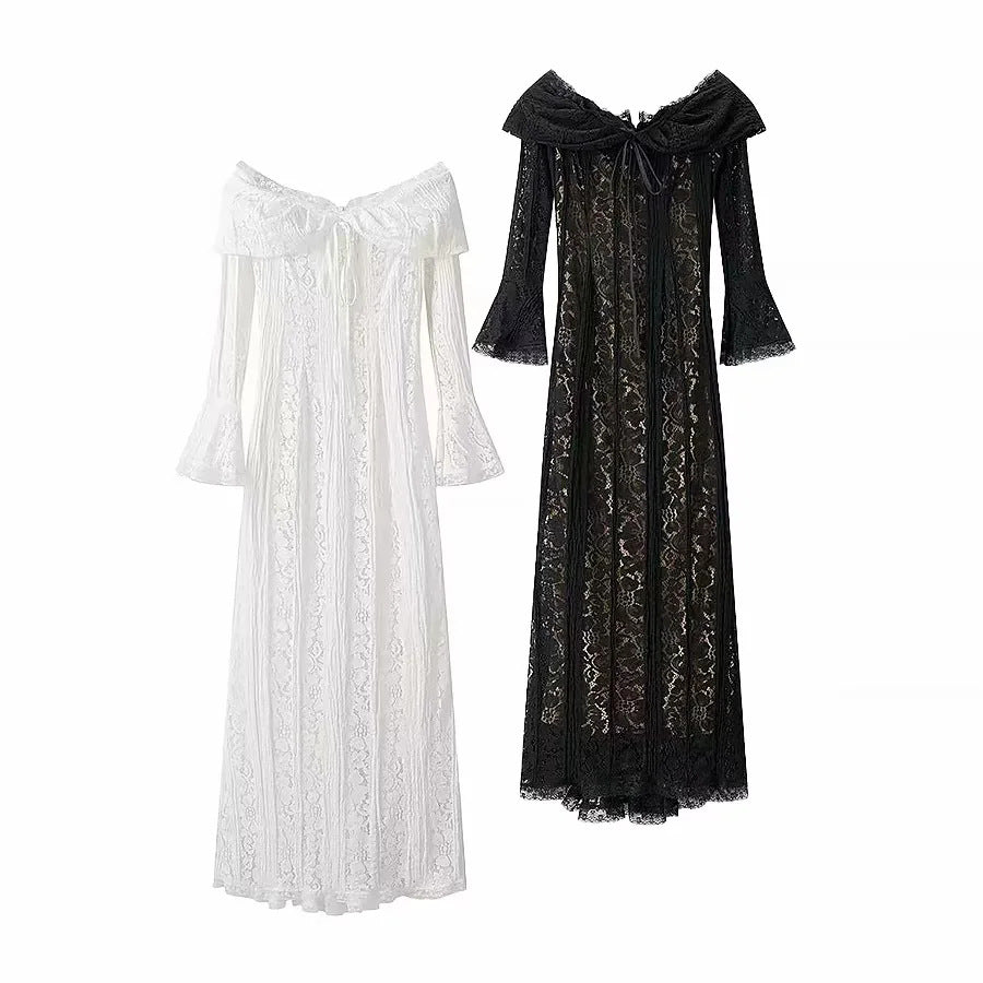Damen nan Spitzenmaxikleid mit Carmen-Ausschnitt, durchscheinender Spitze, figurumspielender Innenlage und Glockenärmeln Drune