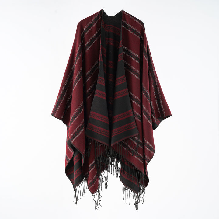 Damen Wollmix-Wickelponcho im Jacquardstreifen mit Fransen Drune