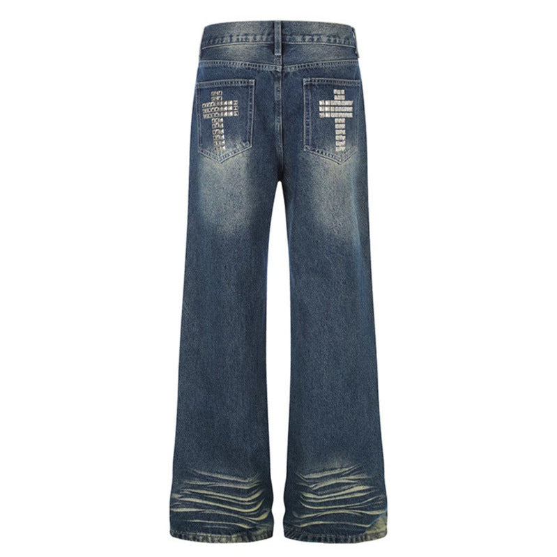 Damen Weite High‑Waist Distressed-Jeans im Palazzo-Stil mit Nietenbesatz Drune