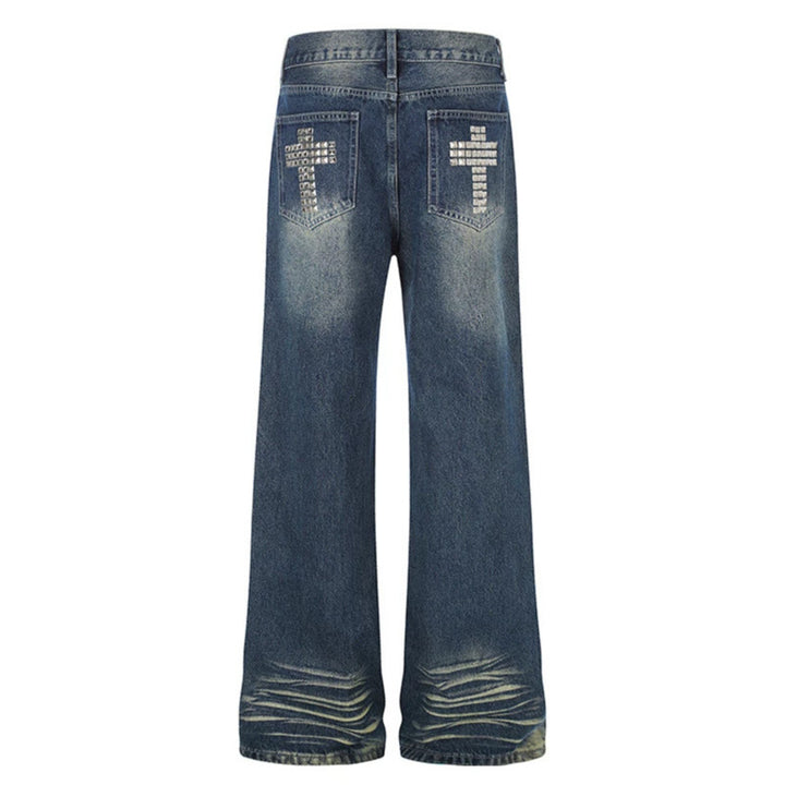 Damen Weite High‑Waist Distressed-Jeans im Palazzo-Stil mit Nietenbesatz Drune