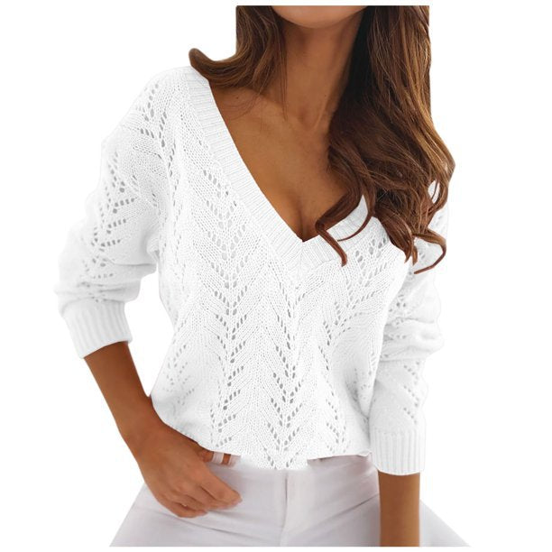 Damen Strickpullover mit Häkelmuster und V-Ausschnitt Drune