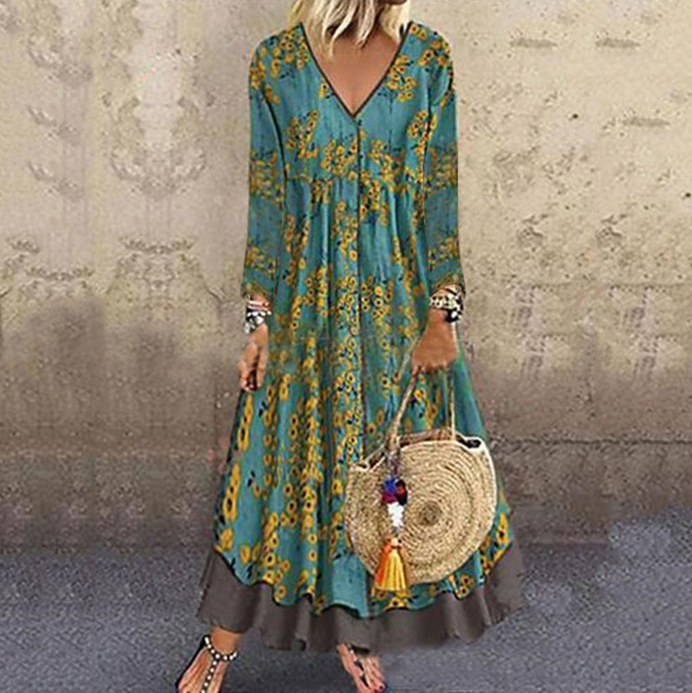 Damen blumiges Maxikleid mit weitem Schnitt und V-Ausschnitt Drune