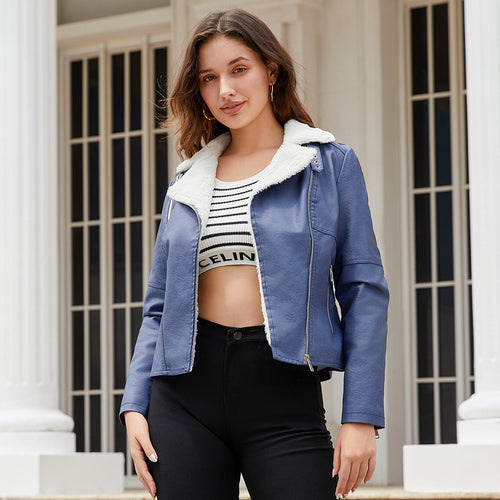 Damen nan taillierte Kunstleder-Bikerjacke mit abnehmbarem Kunstfellkragen und schrägem Reißverschluss Drune