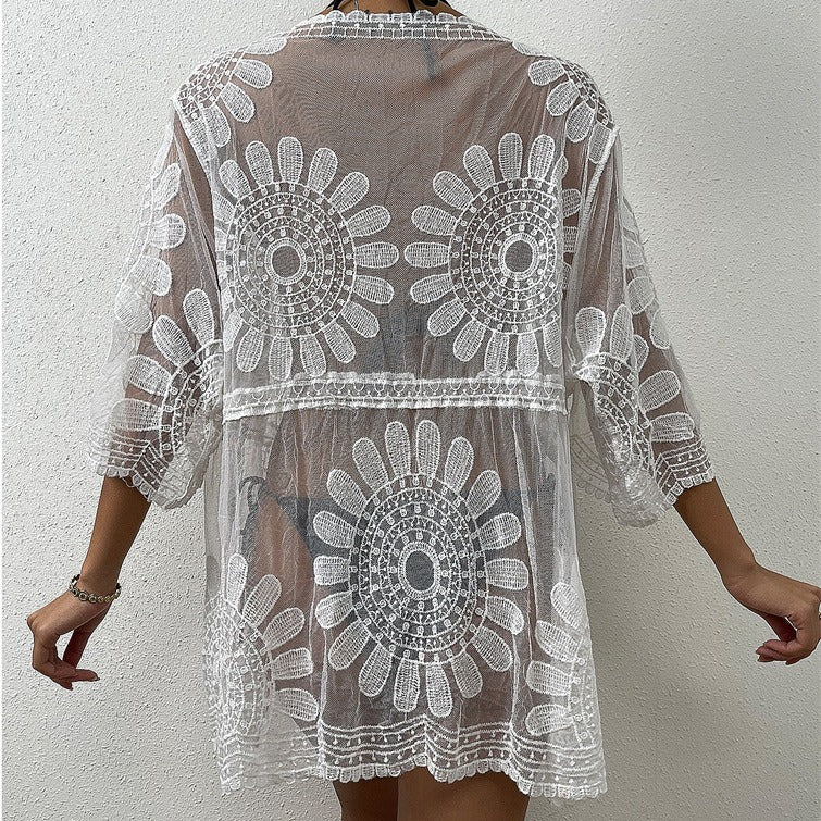 Damen Luftiger Häkel-Strandüberwurf mit floralen Motiven Drune