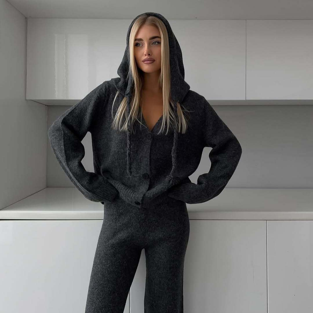 Damen kuscheliges Feinstrick-Cardigan-Set mit V-Ausschnitt und hochgeschnittener Schlaghose Drune