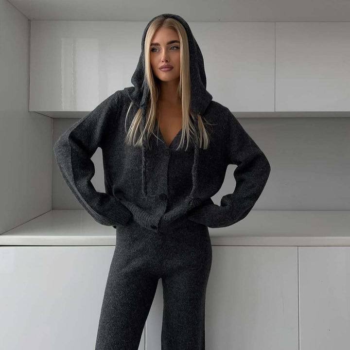 Damen kuscheliges Feinstrick-Cardigan-Set mit V-Ausschnitt und hochgeschnittener Schlaghose Drune