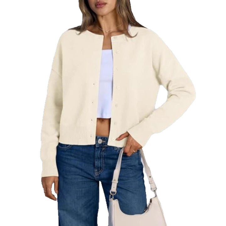 Damen Cropped Strickjacke im Boxy‑Schnitt mit Rundhals und Rippbündchen Drune