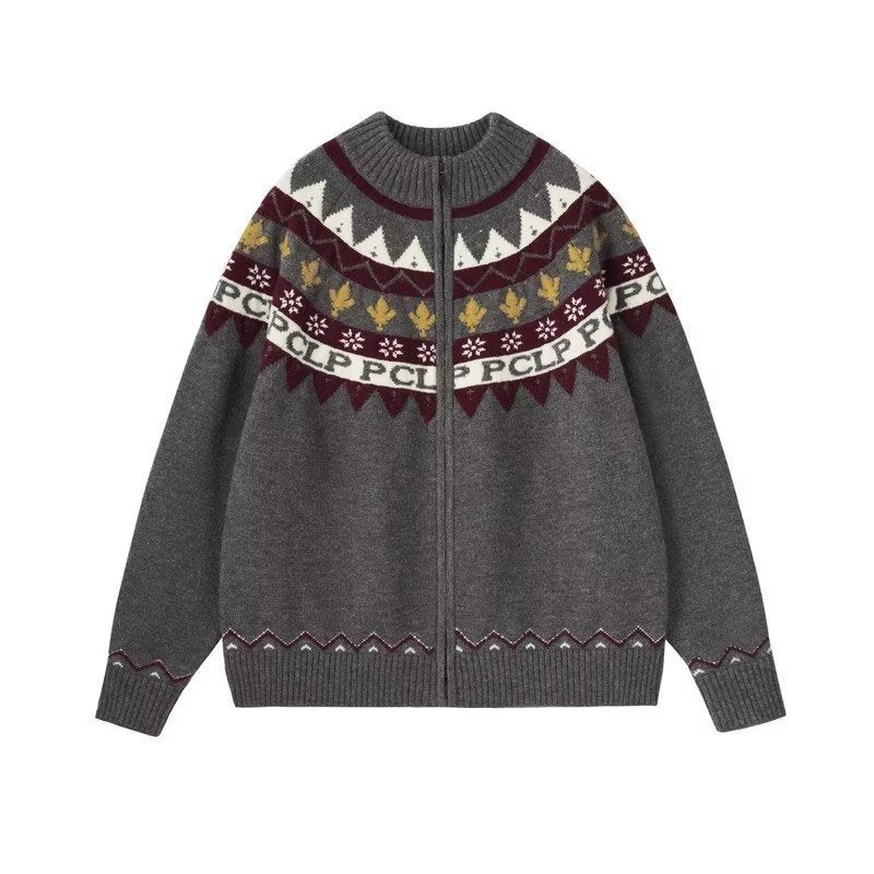 Damen Lässige Strick-Zipjacke mit Jacquard-Yoke und Rippbündchen Drune