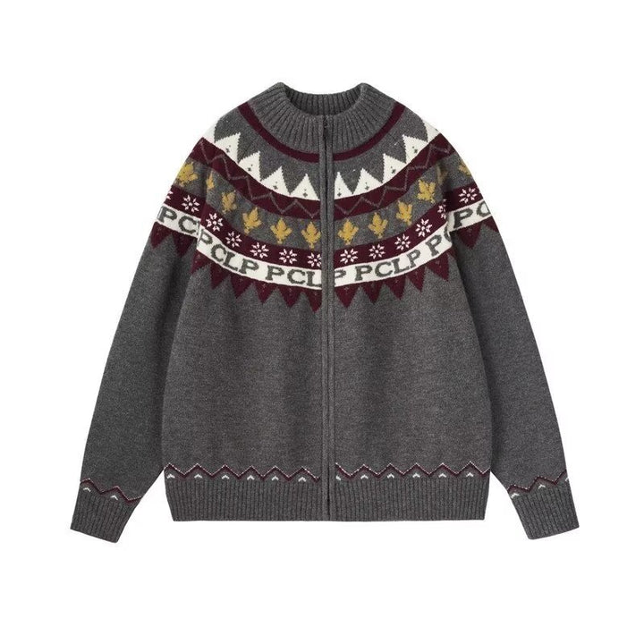 Damen Lässige Strick-Zipjacke mit Jacquard-Yoke und Rippbündchen Drune