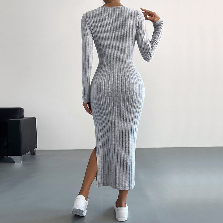 Damen figurbetontes Rippenstrick-Midikleid mit schmaler Silhouette, Rundhalsausschnitt und seitlichem Oberschenkelschlitz Drune
