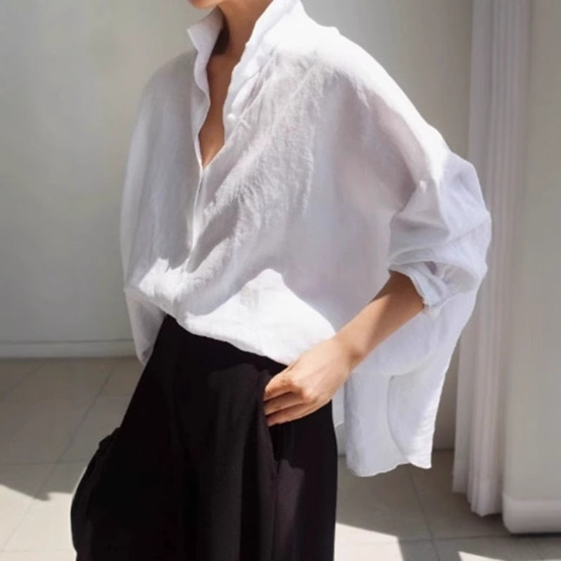 Damen Oversize-Leinenbluse mit geraffter Rückenpasse und krempelbaren Ärmeln Drune