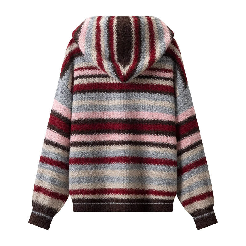 Damen Gestreifter Kapuzen-Cardigan aus flauschigem Mohair-Mix mit Dreiecksknöpfen Drune