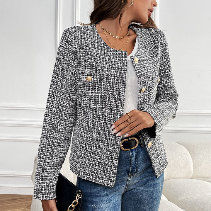 Damen Kurzblazer im Bouclé-Tweed mit rundem Ausschnitt & goldenen Zierknöpfen Drune