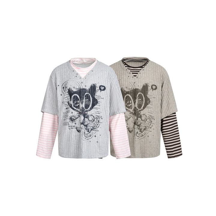 Damen Lagenlook-Longsleeve mit gestreiften Ärmelärmeln und grafischem Statement-Print Drune
