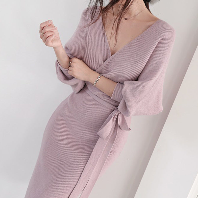 Damen Strickkleid mit Wickeloptik und knöpfbarem Gürtel Drune