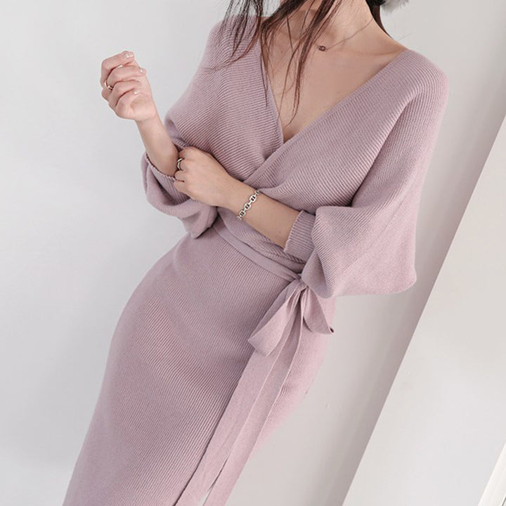 Damen Strickkleid mit Wickeloptik und knöpfbarem Gürtel Drune