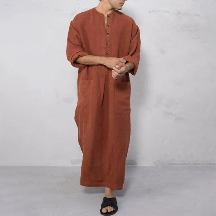Herren nan weites langes Tunika-Kaftan aus atmungsaktivem Leinen mit Stehkragen Knopfblende und aufgesetzten Taschen Drune