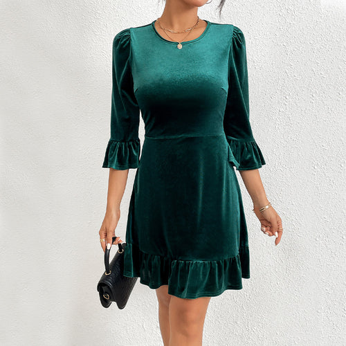 Damen Samt-Minikleid mit taillierter Korsagenlinie, gerafften Volantärmeln und stufigem Saum Drune