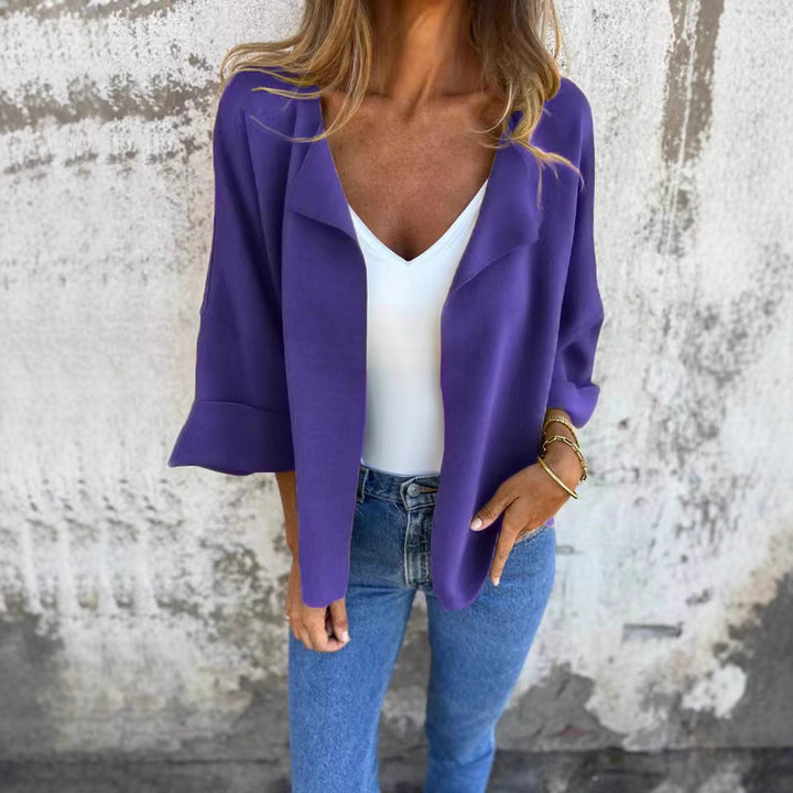 Damen nan legerer offener Strickcardigan mit Schalkragen krempelbaren Ärmeln und kastiger Silhouette Drune
