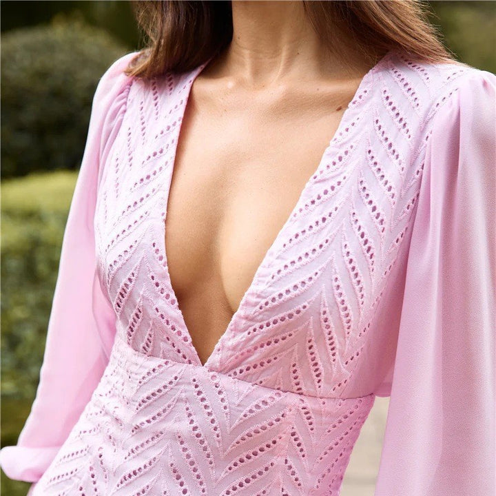 Damen Minikleid mit voluminösen Ärmeln und tiefem V-Ausschnitt Drune