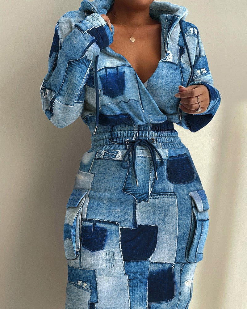 Damen Kapuzen Sweatkleid mit V-Ausschnitt, Kordelzug-Taille und Cargo-Taschen Drune