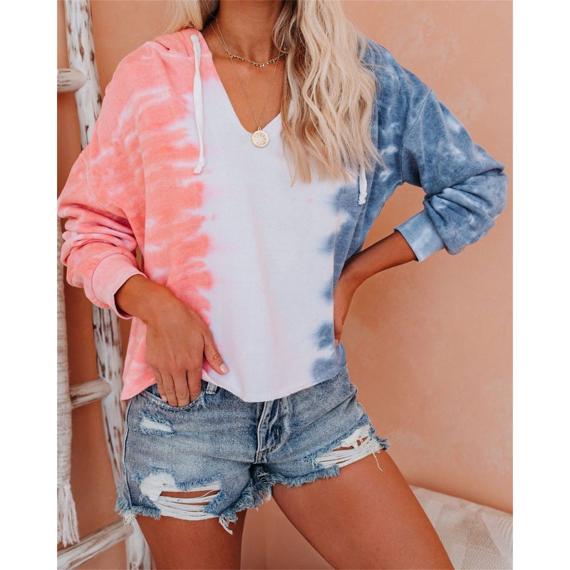 Damen V-Ausschnitt Kapuzenpullover mit Batikdesign Drune