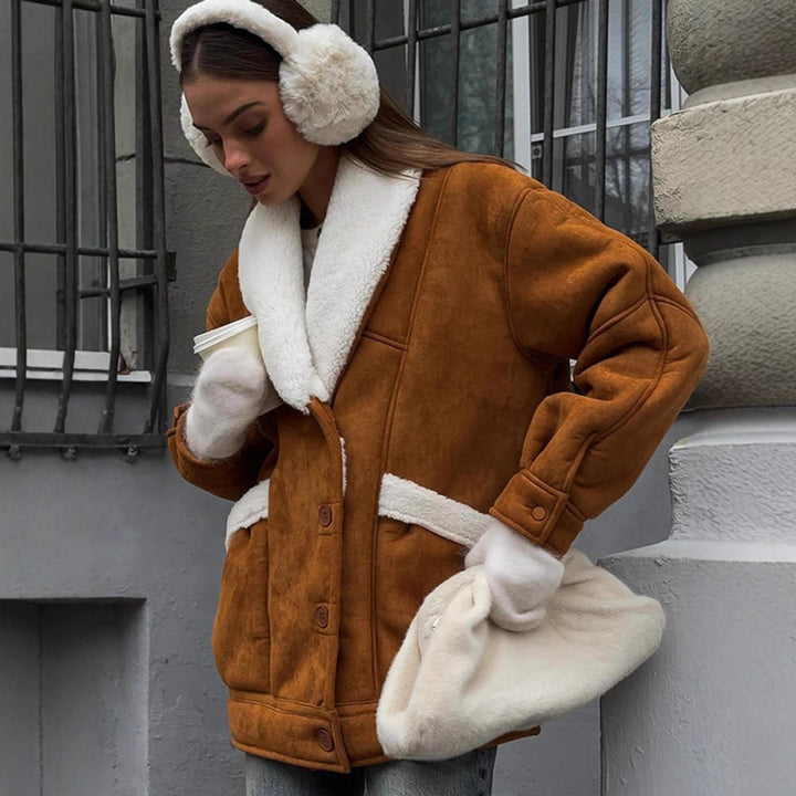 Damen Oversized Lammfellimitat Jacke mit großem Schalkragen Drune