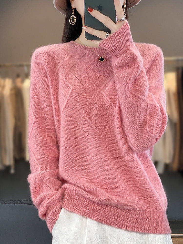 Damen Weicher Rautenmuster-Pullover im Mohair‑Look mit feiner Ajourstruktur und Rundhalsausschnitt Drune
