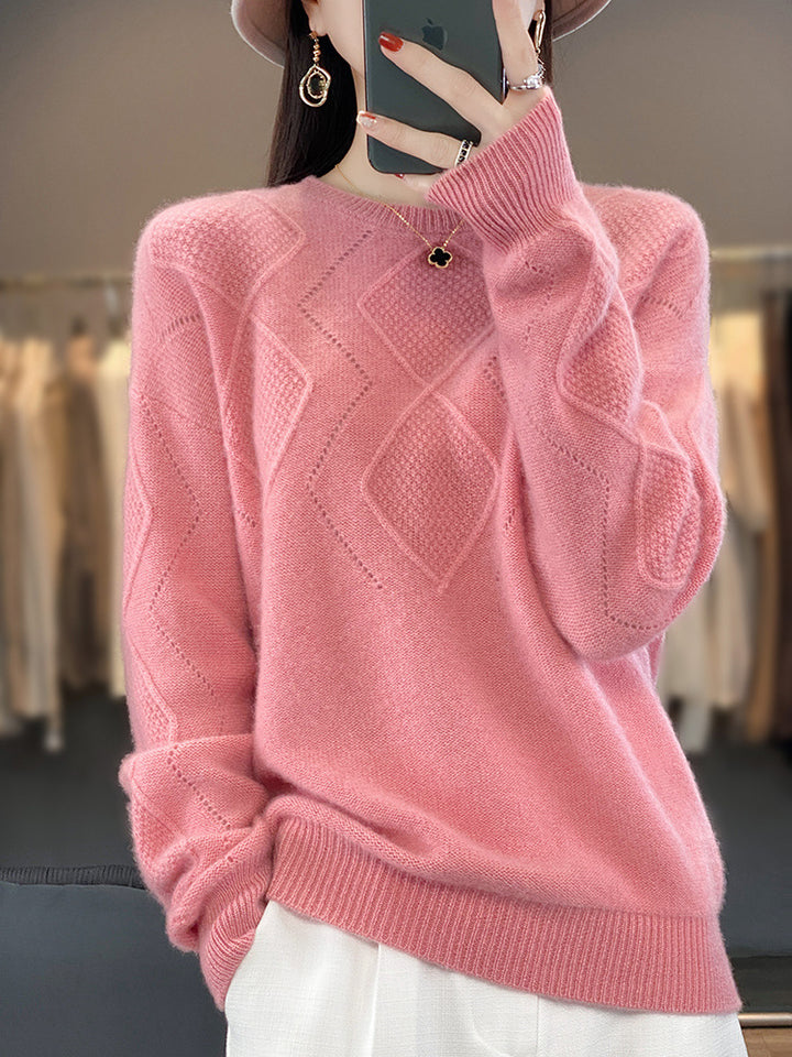 Damen Weicher Rautenmuster-Pullover im Mohair‑Look mit feiner Ajourstruktur und Rundhalsausschnitt Drune