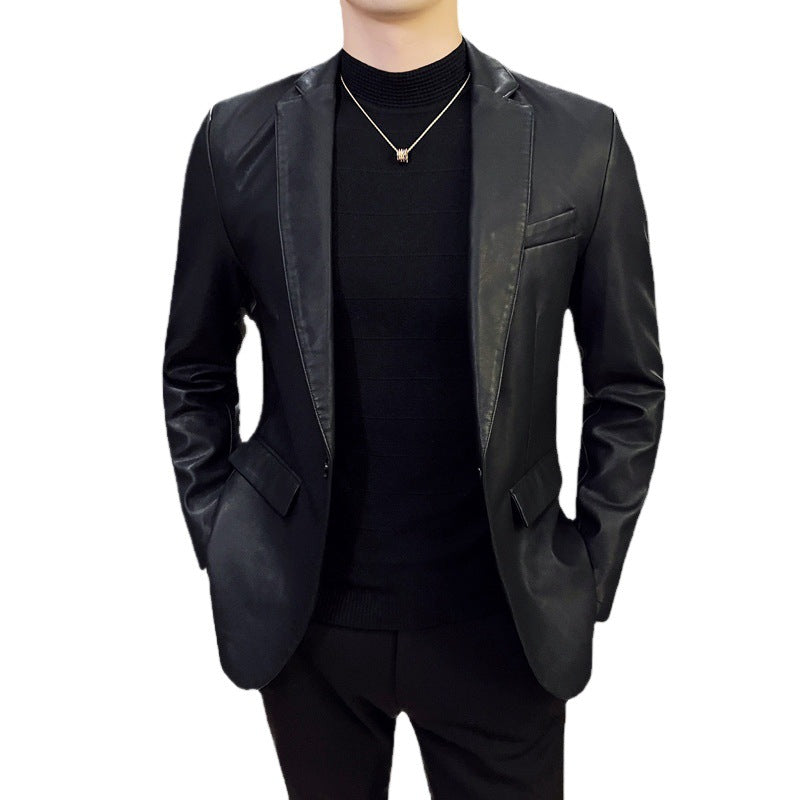 Herren eleganter Slim-Fit Lederimitat-Blazer mit Reverskragen und Pattentaschen Drune