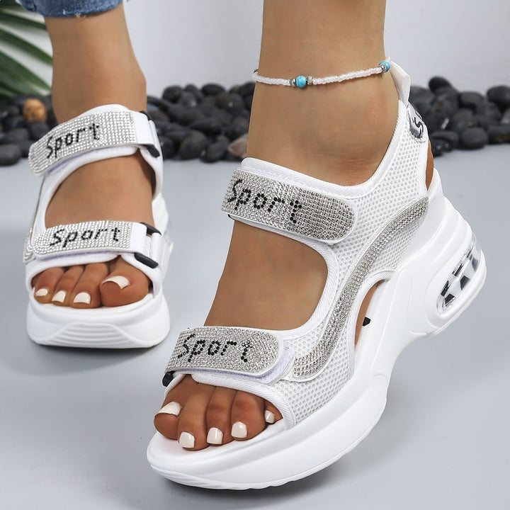 Damen Sportliche Plateausandalen mit Mesh-Obermaterial, Klettverschluss und Ziersteinen Drune