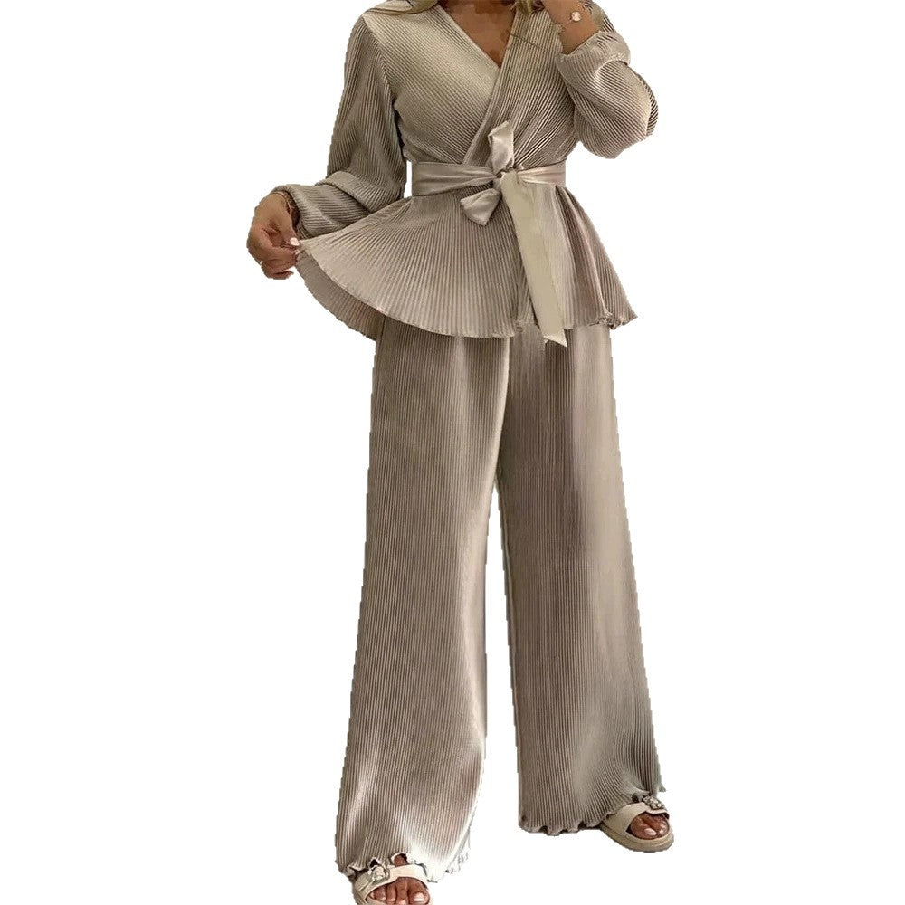 Damen Eleganter Plissee-Zweiteiler mit Wickelshirt, Taillengürtel und weitem Bein Drune
