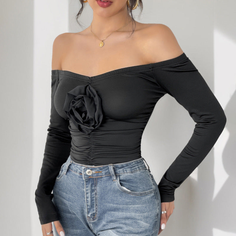 Damen Schulterfreies Longsleeve mit Rosenapplikation und taillierter Raffung Drune