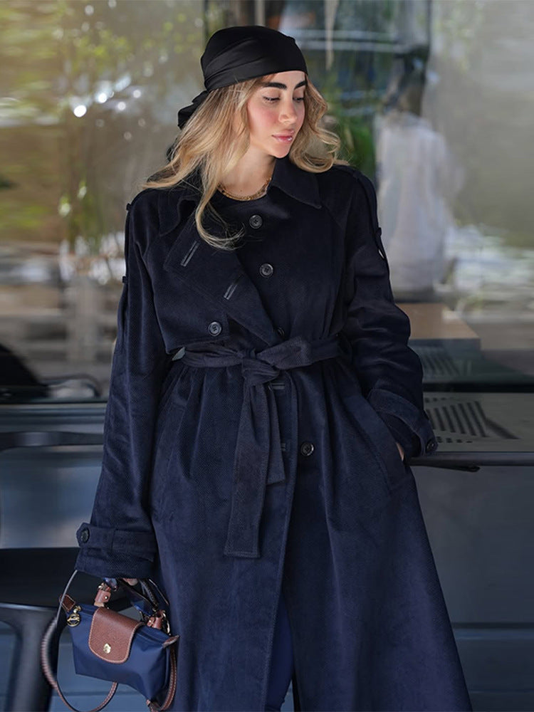 Damen langer Cord-Trenchcoat mit Bindegürtel und Oversize-Schultern Drune