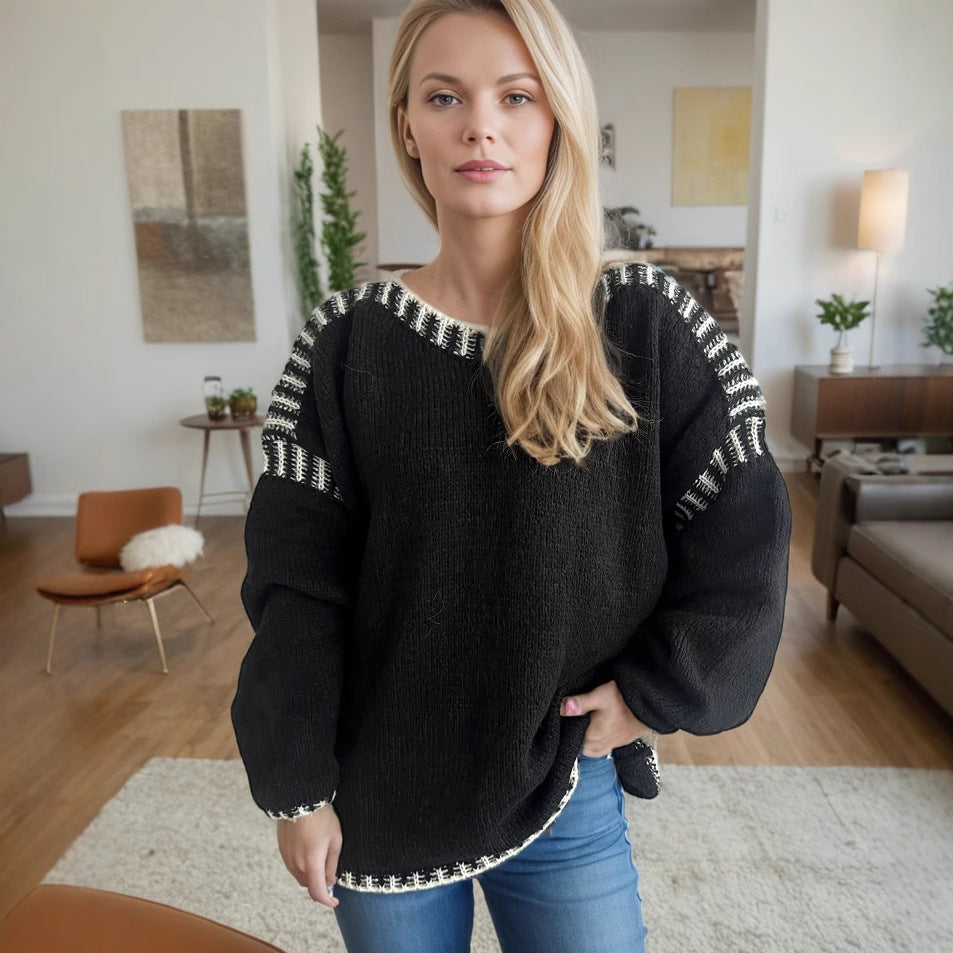 Damen Grobstrickpullover mit lässigem Schnitt und gestreiften Ärmeln Drune