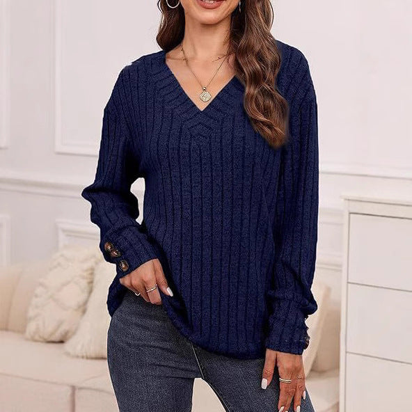 Damen Strickpullover mit V-Ausschnitt und dekorativen Knopfdetails Drune