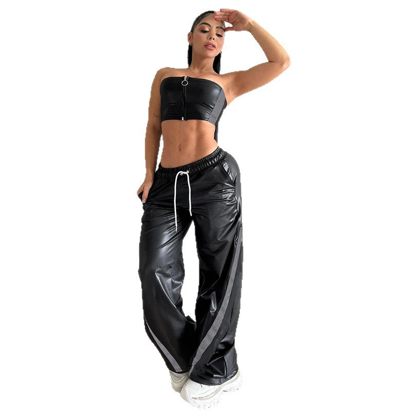 Damen nan weite Kunstleder-Trackpants mit elastischem Bund, Tunnelzug und seitlichen Streifen Drune