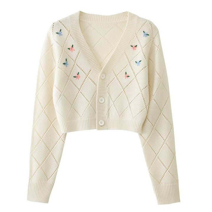 Damen verspielte Strickjacke mit floralem Rautenmuster und Knopfdetail Drune