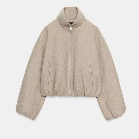 Damen Kurz geschnittene Bouclé‑Blousonjacke mit Stehkragen, elastischem Saum und Ballonärmeln Drune