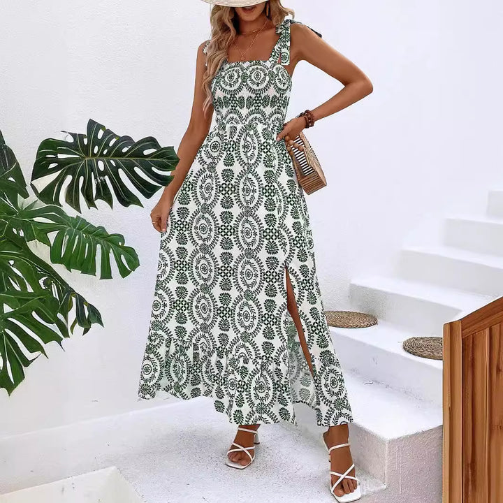Damen Maxikleid mit Smok-Bustier, Bindeträgern und seitlichem Beinschlitz Drune