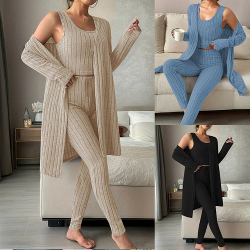 Damen Dreiteiliges geripptes Lounge-Set mit Longcardigan, Crop-Top und High-Waist-Leggings Drune