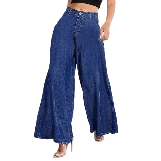 Damen Extraweite High‑Waist Denim‑Palazzohose mit fließendem Tellerfall Drune