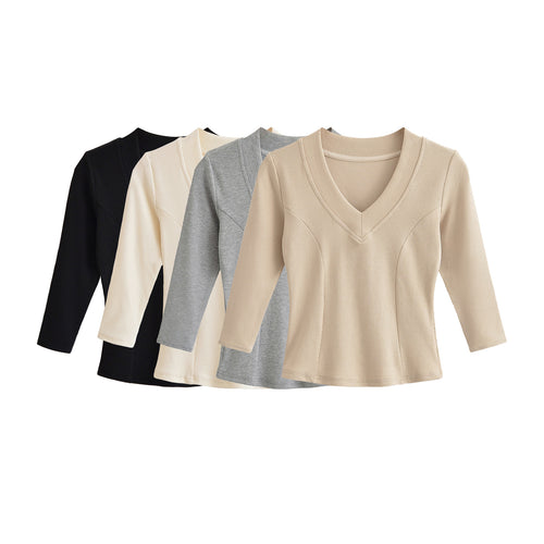 Damen Geripptes Langarmshirt mit V-Ausschnitt und taillierter Schnittführung Drune