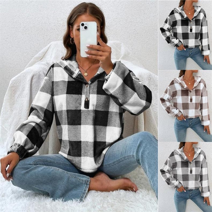 Damen Oversized Karo-Hoodie mit Knopfleiste und breiten Ärmeln Drune