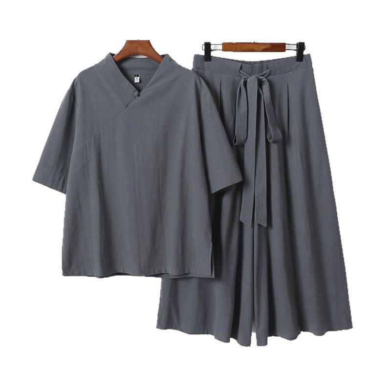Damen Weites Kimono-Loungewear-Set mit V-Ausschnitt und Culotte-Hose Drune