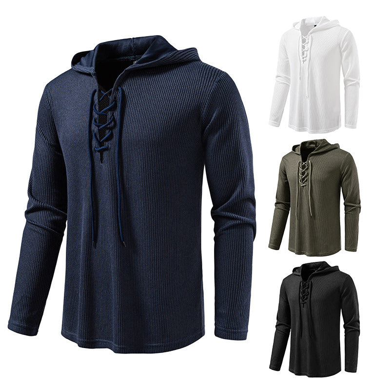 Herren Waffelstrick-Kapuzenpullover mit Schnürkragen und geradem Saum Drune
