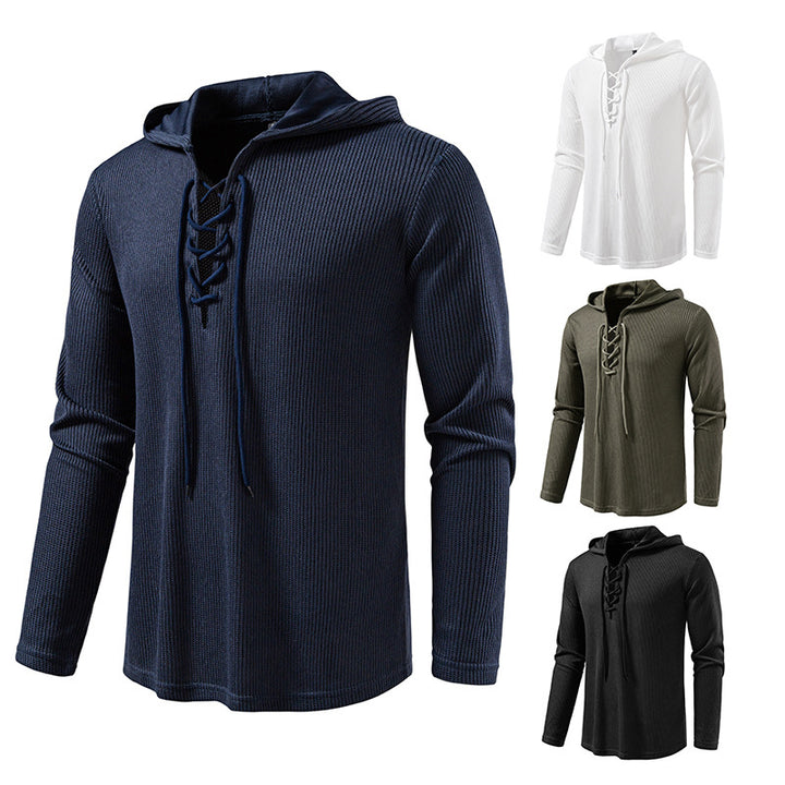 Herren Waffelstrick-Kapuzenpullover mit Schnürkragen und geradem Saum Drune