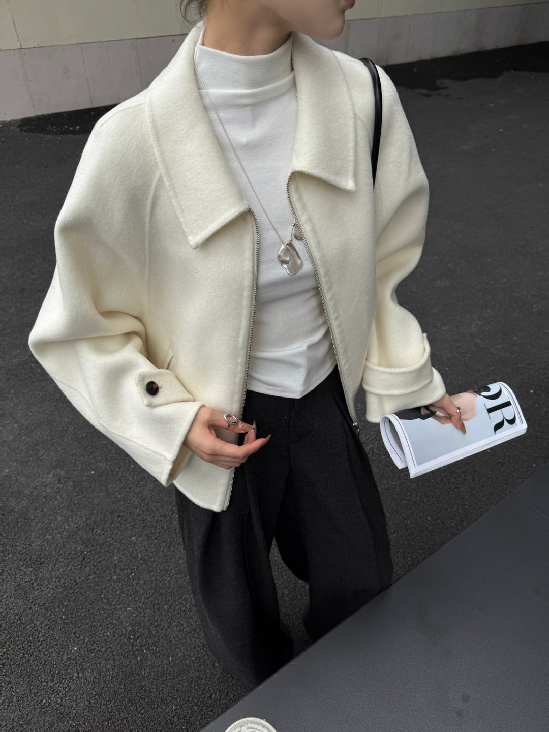 Damen Kurzjacke aus Wollmix mit Reißverschluss und weitem Kragen Drune